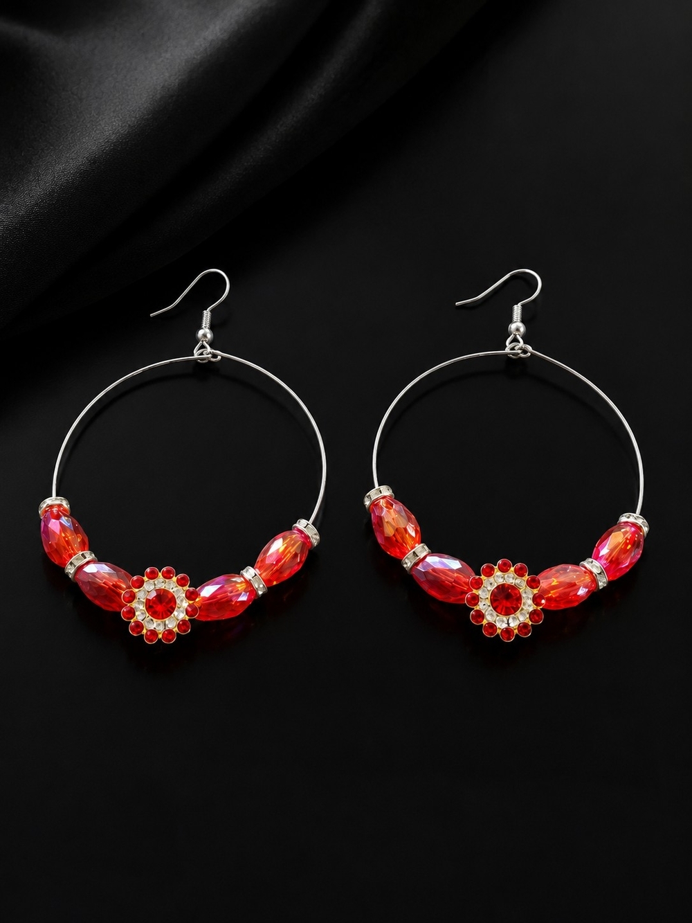 Hand Crafted Red Crystal Hoop Earrings with Floral Accents